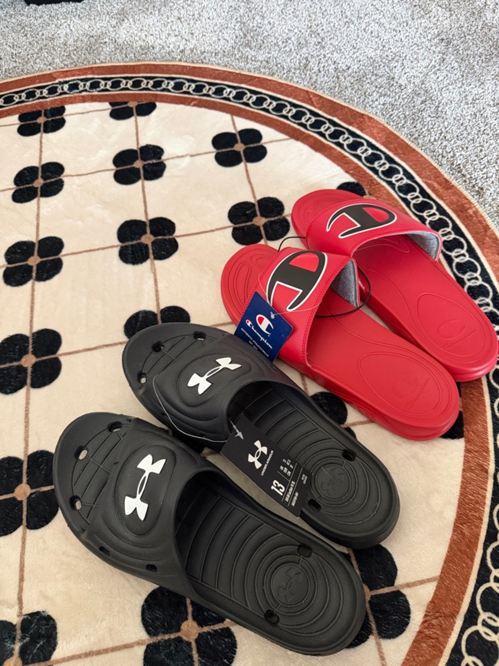 Under Armour Black Slide Sandals & Champion Red Slides Duo